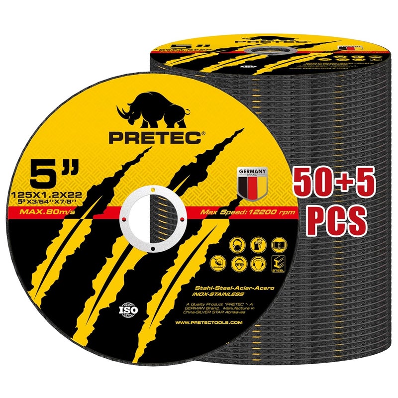 PRETEC Cut Off Wheels 5", 50+5 Pack Metal Cutting Wheel,Thin 125mm Metal & Stainless Steel Fast Cutting Discs for Angle Grinder - 7/8" Arbor Hole, 5" x 1/24" x 7/8" 55 PCS - Image 1